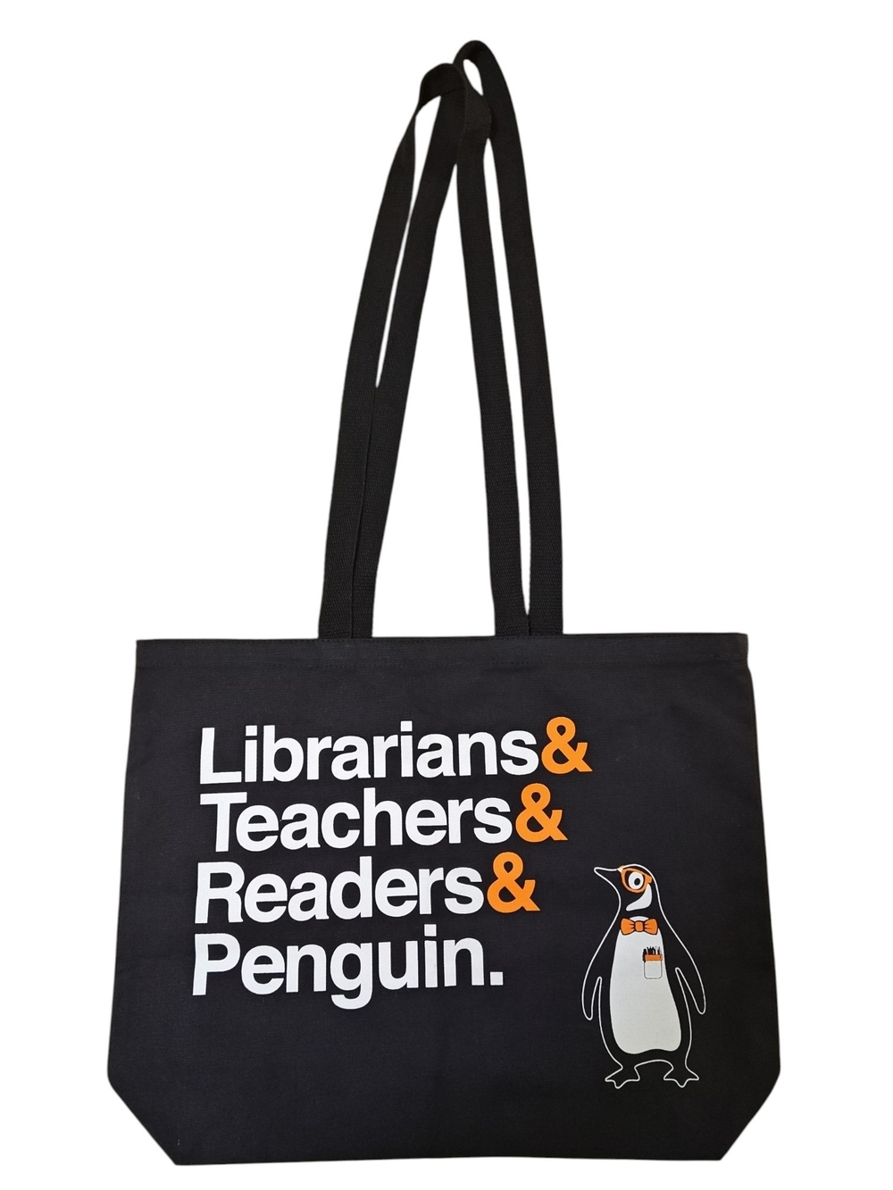 Q-Tees Penguin Tote Bag Librarians Teachers Readers Canvas Black Book Bag